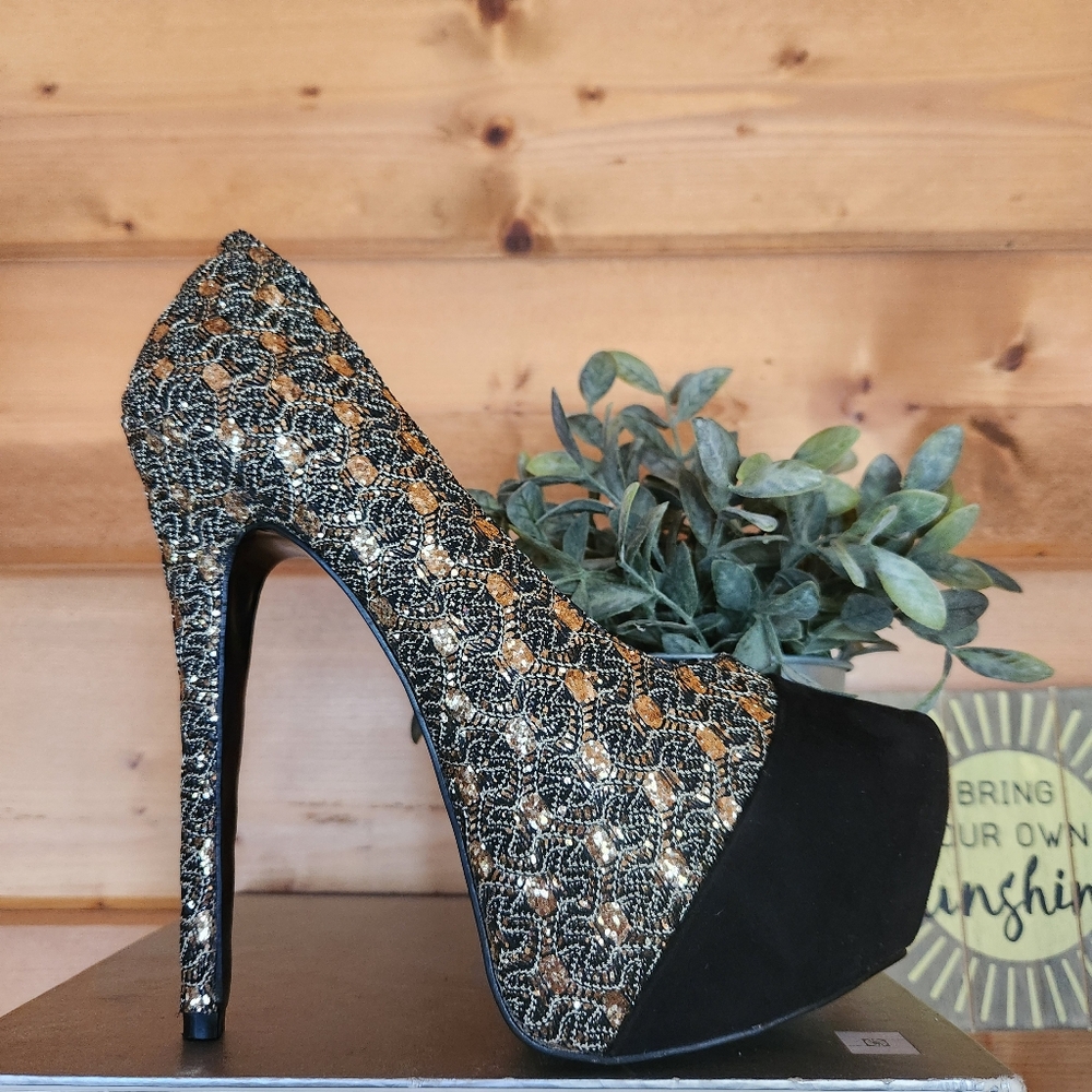 Shoedazzle Shamane Sequin Platform Heels‎ Black Gold Stiletto Suede Pumps Sz 9.5 - Picture 2 of 11